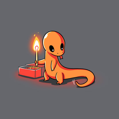 Classic Cotton T-shirt_TeeTurtle Playing With Fire Charcoal t-shirt featuring a cute orange salamander holding a lit match.