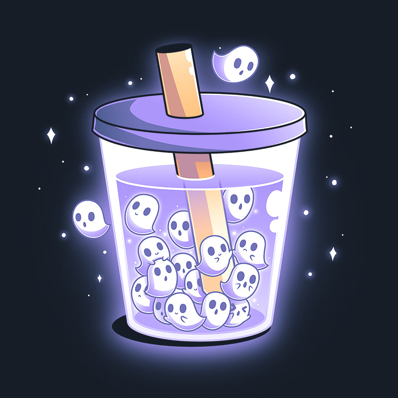 Pullover Hoodie_TeeTurtle navy blue Poltergeist Pearls apparel featuring a cup of boba tea with ghosts instead of boba pearls.