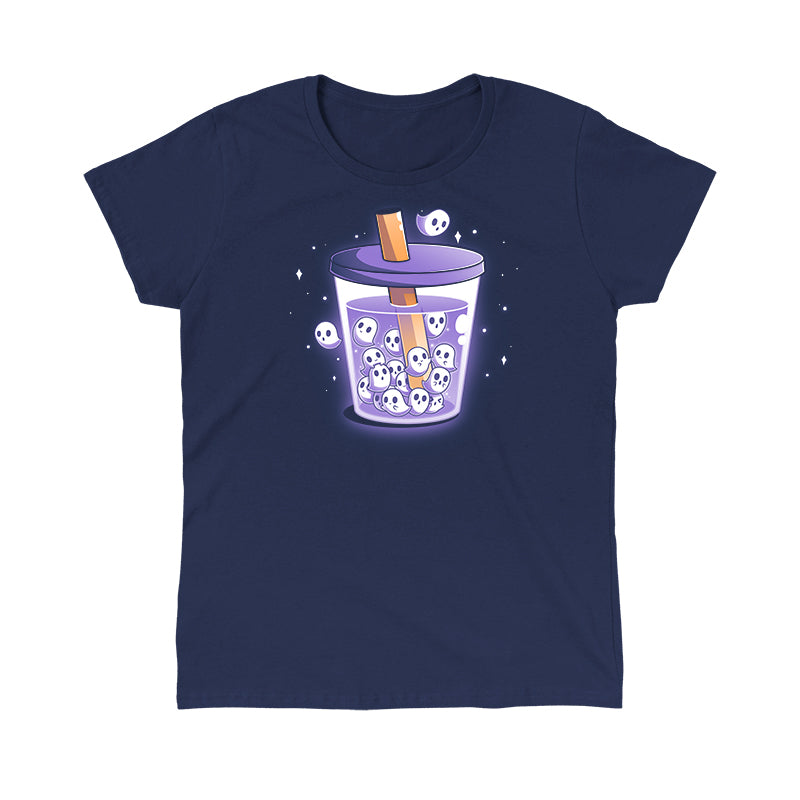 Classic Cotton T-shirt_TeeTurtle navy blue Poltergeist Pearls apparel featuring a cup of boba tea with ghosts instead of boba pearls.