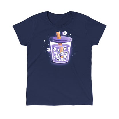Classic Cotton T-shirt_TeeTurtle navy blue Poltergeist Pearls apparel featuring a cup of boba tea with ghosts instead of boba pearls.
