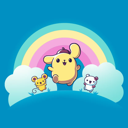 Classic Cotton T-shirt_TeeTurtle sapphire blue Pompompurin, Scone, and Muffin apparel featuring Pompompurin, Scone, and Muffin skipping on a field with a rainbow that has clouds at its ends in the background.