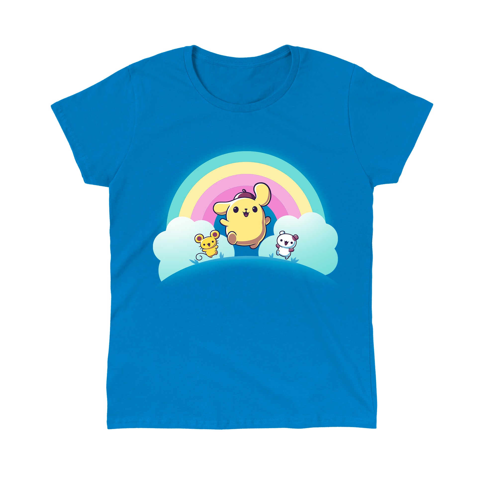 Classic Cotton T-shirt_TeeTurtle sapphire blue Pompompurin, Scone, and Muffin apparel featuring Pompompurin, Scone, and Muffin skipping on a field with a rainbow that has clouds at its ends in the background.