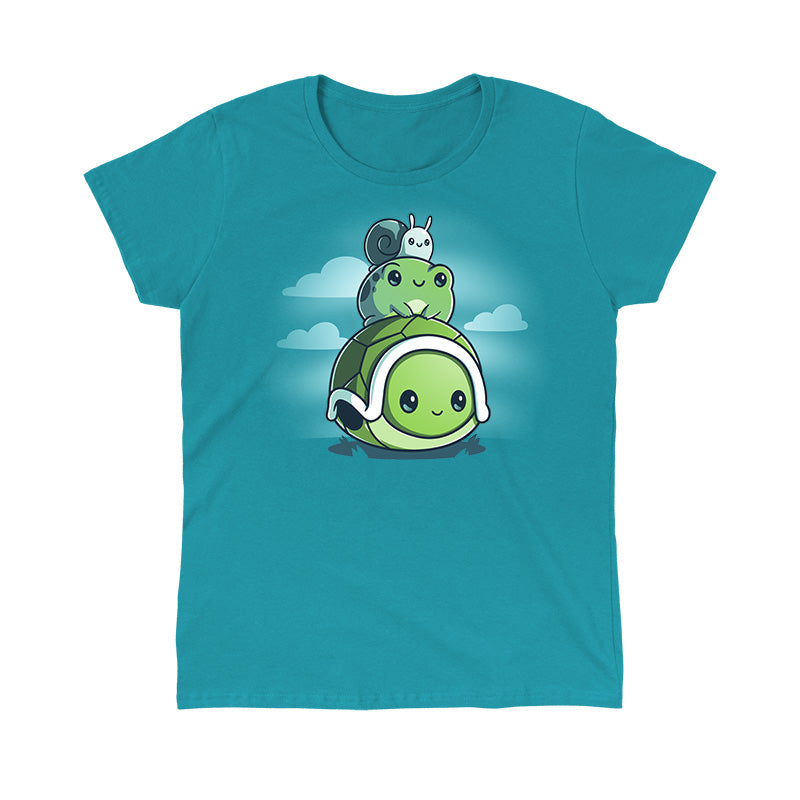 Classic Cotton T-shirt_TeeTurtle Pond Pals tropical blue t-shirt featuring a turtle with a frog sitting on its shell and a snail on top of the frog.