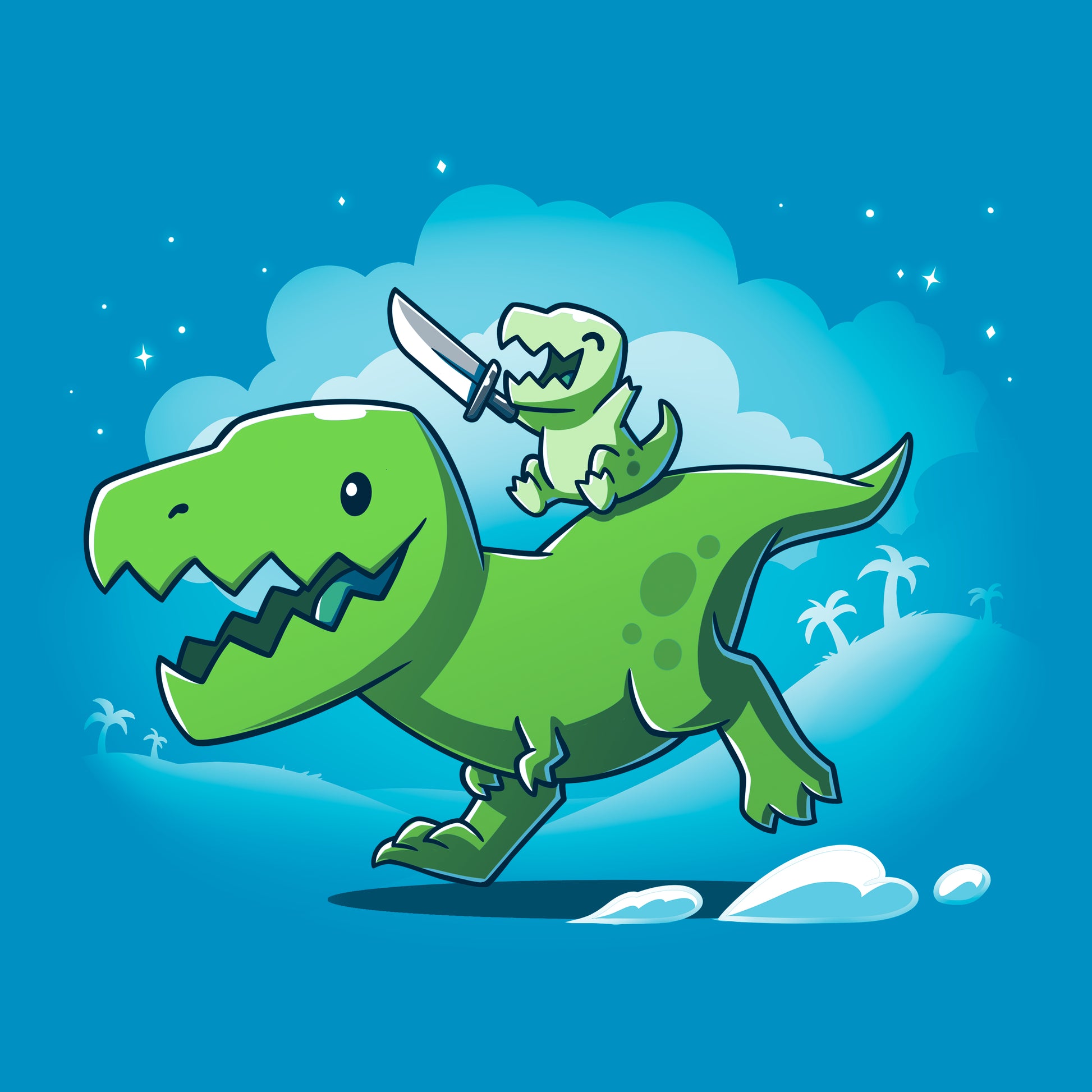 Classic Cotton T-shirt_Teeturtle Prehistoric Playtime Sapphire Blue Featuring a cartoon T-Rex giving a piggy-back ride to their child who's happily waving around a toy sword.