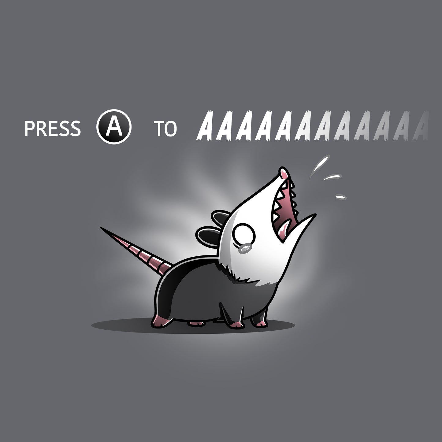 Classic Cotton T-shirt_TeeTurtle Press A to AAAAAAAA charcoal gray t-shirt featuring a cartoon opossum with the words "press to Press A to AAAAAAA" written above the opossum. 