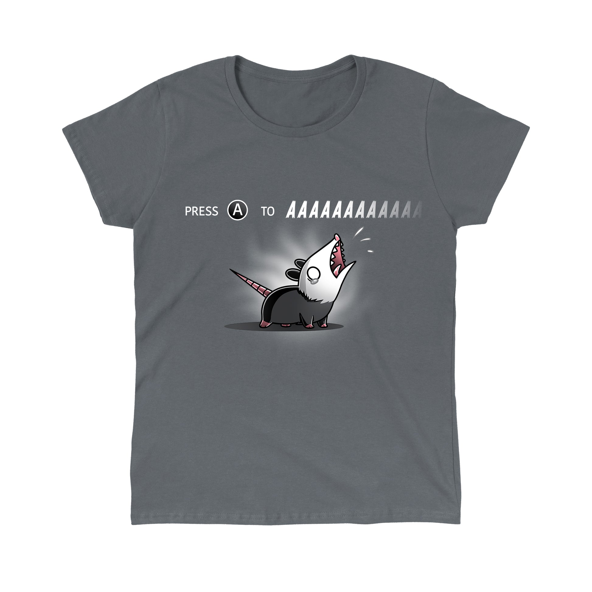 Classic Cotton T-shirt_TeeTurtle Press A to AAAAAAAA charcoal gray t-shirt featuring a cartoon opossum with the words "press to Press A to AAAAAAA" written above the opossum. 