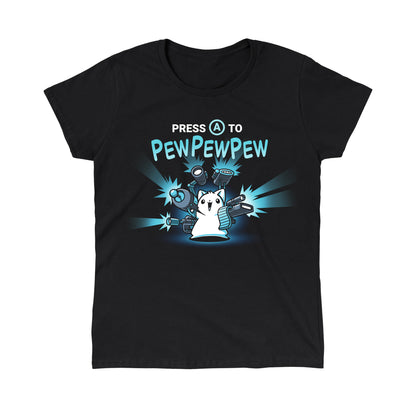 Classic Cotton T-shirt_TeeTurtle black Press A to PEWPEWPEW apparel featuring a cat holding a lot of guns.