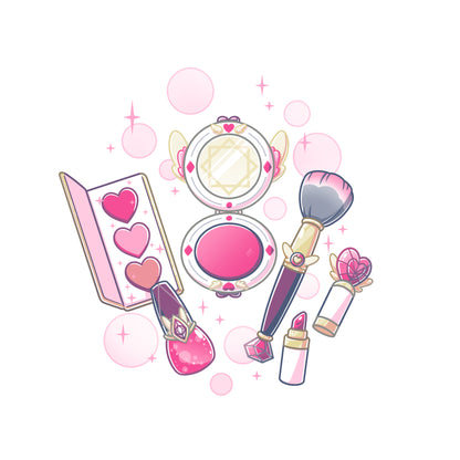 Classic Cotton T-shirt_TeeTurtle Pretty in Pink white t-shirt featuring an illustrated mini makeup set featuring a blush brush, compact mirror, eyeshadow palette, lipstick, and nail polish, all surrounded by decorative pink sparkles and hearts in a magical set. 