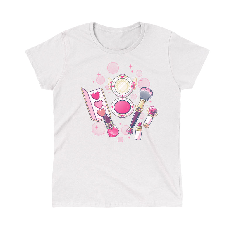 Classic Cotton T-shirt_TeeTurtle Pretty in Pink white t-shirt featuring an illustrated mini makeup set featuring a blush brush, compact mirror, eyeshadow palette, lipstick, and nail polish, all surrounded by decorative pink sparkles and hearts in a magical set. 