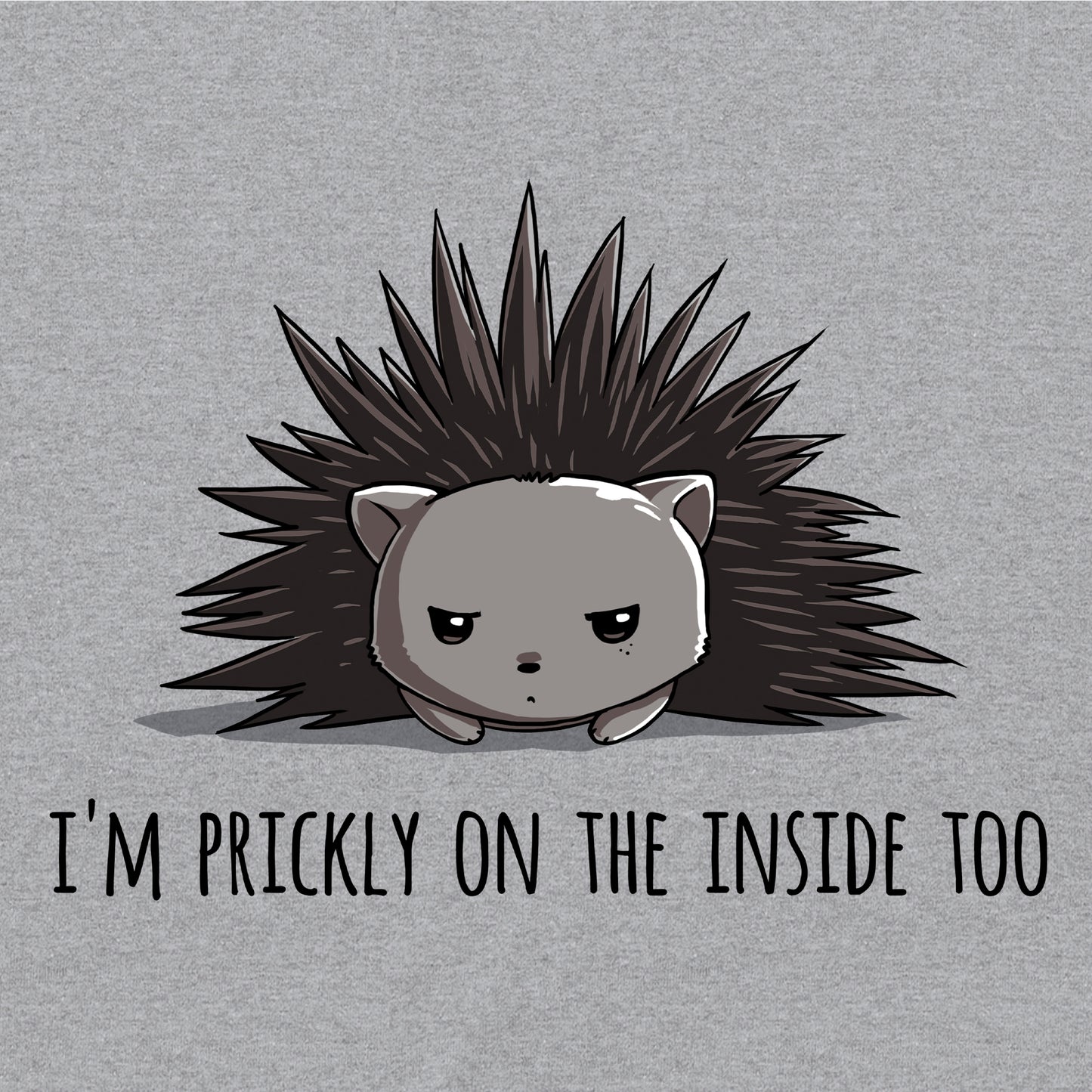 Classic Cotton T-shirt_TeeTurtle Prickly on the Inside heather gray t-shirt featuring a grey porcupine looking slightly annoyed with the text "I'm prickly on the inside too" below in this sarcastic animal design. 