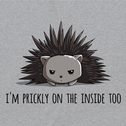 Classic Cotton T-shirt_TeeTurtle Prickly on the Inside heather gray t-shirt featuring a grey porcupine looking slightly annoyed with the text "I'm prickly on the inside too" below in this sarcastic animal design. 