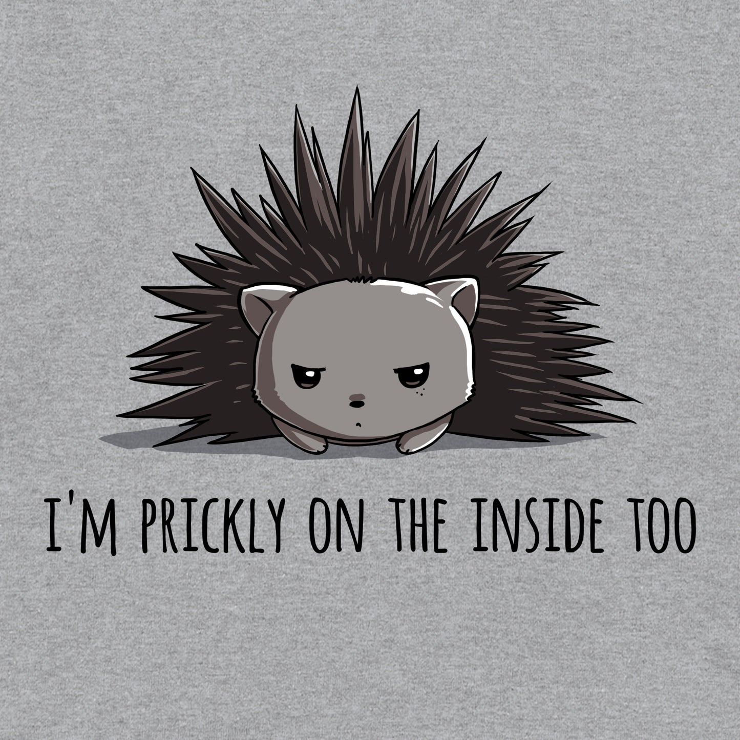 Long Sleeve T-shirt_TeeTurtle Prickly on the Inside heather gray t-shirt featuring a grey porcupine looking slightly annoyed with the text "I'm prickly on the inside too" below in this sarcastic animal design. 