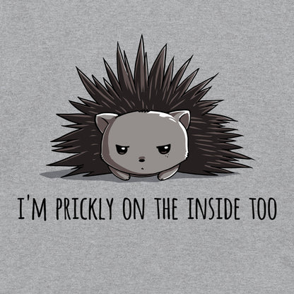 Long Sleeve T-shirt_TeeTurtle Prickly on the Inside heather gray t-shirt featuring a grey porcupine looking slightly annoyed with the text "I'm prickly on the inside too" below in this sarcastic animal design. 