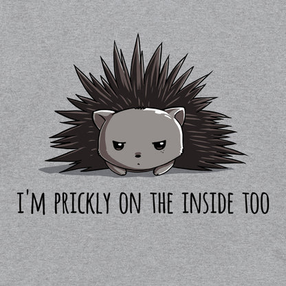 Classic Cotton T-shirt_TeeTurtle Prickly on the Inside heather gray t-shirt featuring a grey porcupine looking slightly annoyed with the text "I'm prickly on the inside too" below in this sarcastic animal design. 