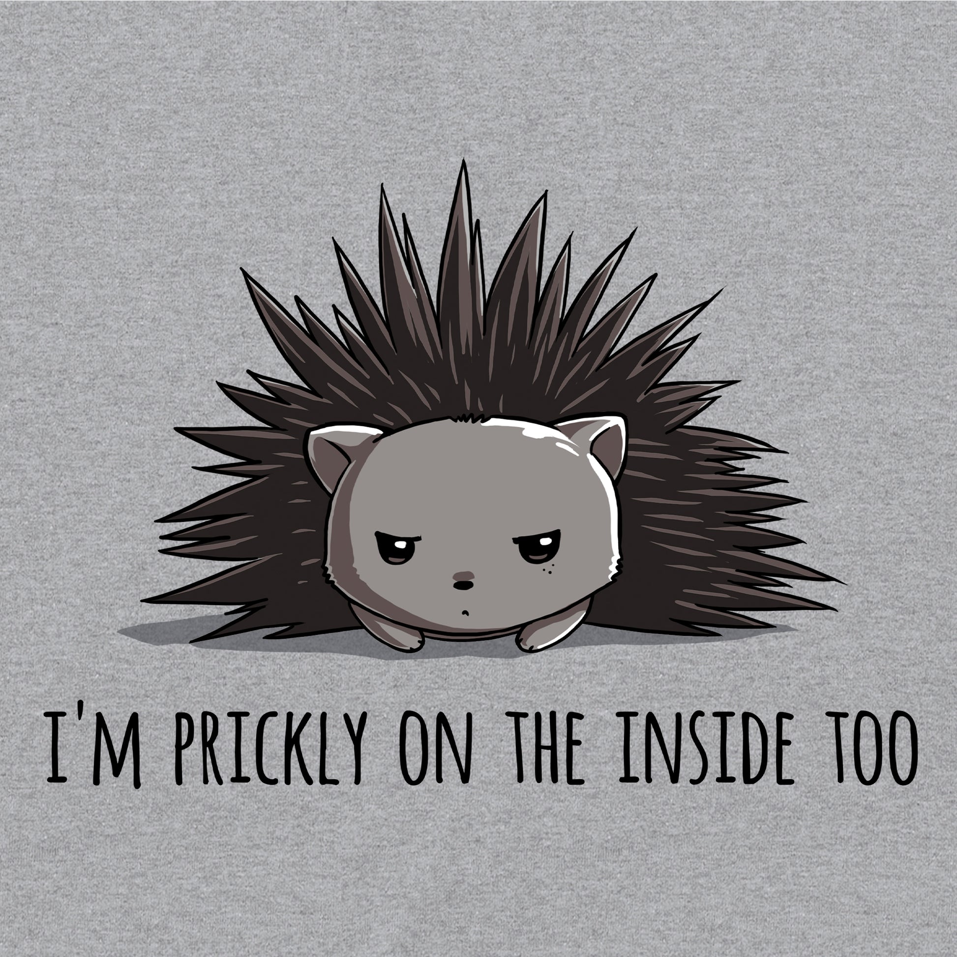 Long Sleeve T-shirt_TeeTurtle Prickly on the Inside heather gray t-shirt featuring a grey porcupine looking slightly annoyed with the text "I'm prickly on the inside too" below in this sarcastic animal design. 