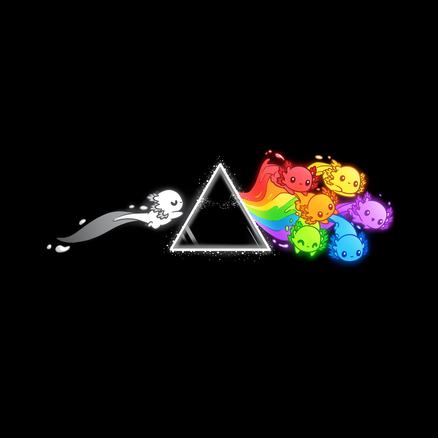 Classic Cotton T-shirt_TeeTurtle Prism Axo black t-shirt featuring a black and white axolotl swimming toward a prism and a pride rainbow of axolotls swimming away from the prism. 