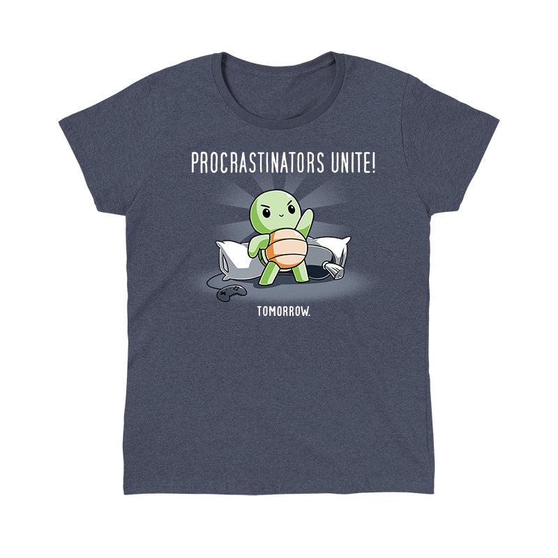 Classic Cotton T-shirt_TeeTurtle Procrastinators Unite! (Tomorrow) heather navy t-shirt featuring a green turtle standing on pillows with a game controller nearby, and text that reads, "Procrastinators Unite! Tomorrow."