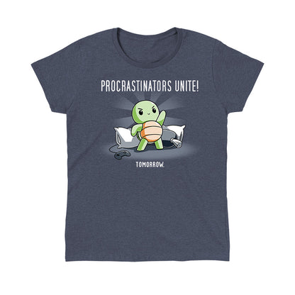 Classic Cotton T-shirt_TeeTurtle Procrastinators Unite! (Tomorrow) heather navy t-shirt featuring a green turtle standing on pillows with a game controller nearby, and text that reads, "Procrastinators Unite! Tomorrow."