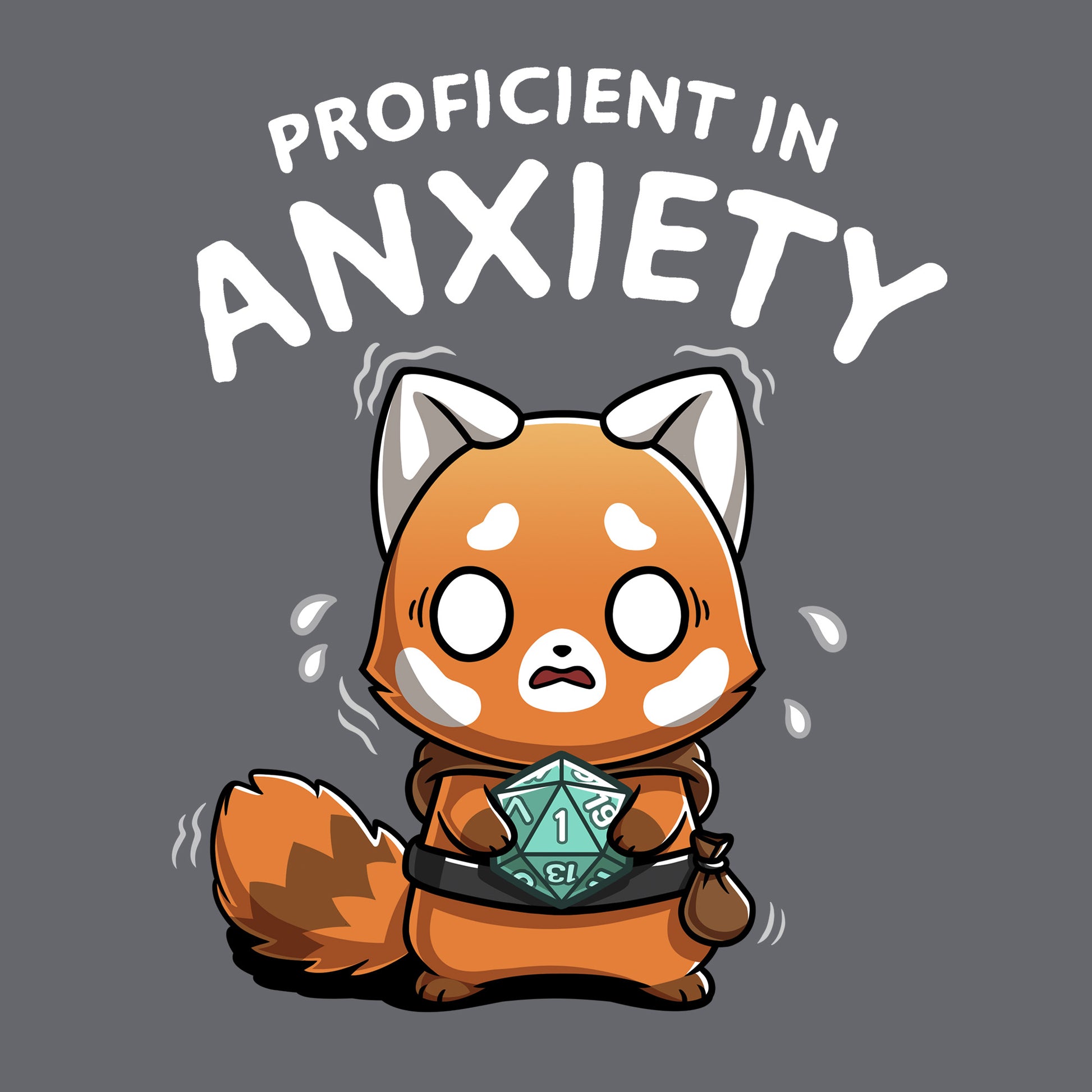 Classic Cotton T-shirt_TeeTurtle charcoal gray Proficient in Anxiety apparel featuring an anxious red panda adventurer holding a D20 that’s rolled a 1.