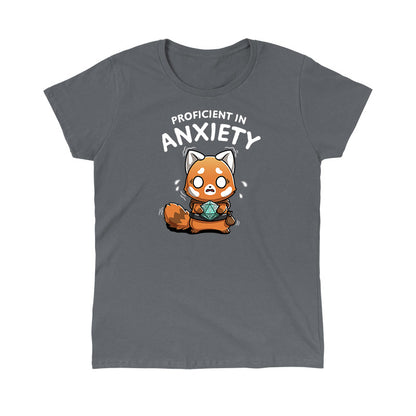 Classic Cotton T-shirt_TeeTurtle charcoal gray Proficient in Anxiety apparel featuring an anxious red panda adventurer holding a D20 that’s rolled a 1.