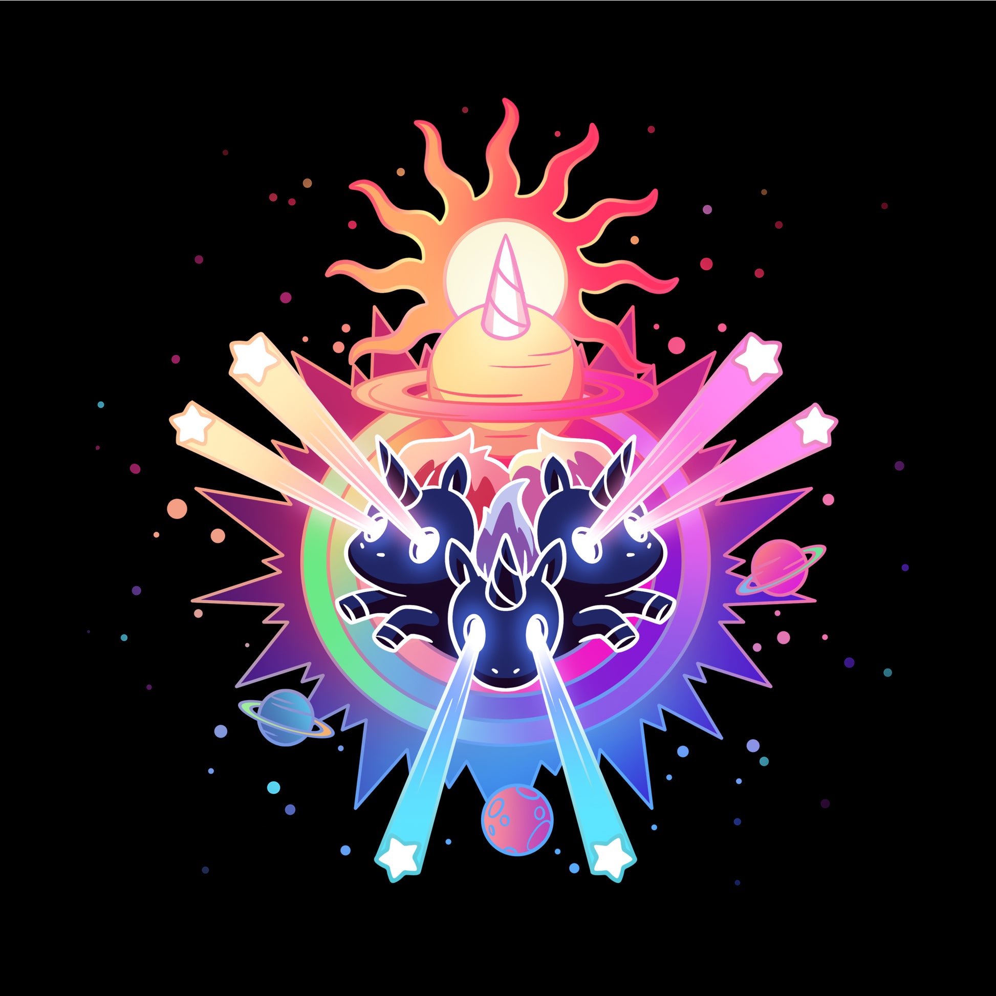 Classic Cotton T-shirt_TeeTurtle black Psychedelic Unicorns. Featuring unicorns shooting star-shaped lasers out of their eyes surrounded by psychedelic galactic elements.