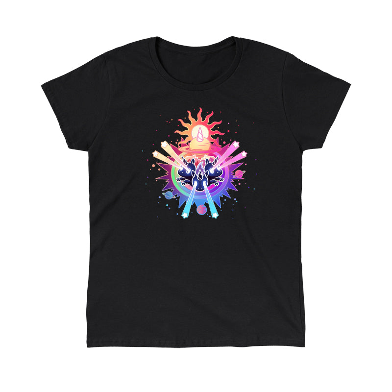 Classic Cotton T-shirt_TeeTurtle black Psychedelic Unicorns. Featuring unicorns shooting star-shaped lasers out of their eyes surrounded by psychedelic galactic elements.