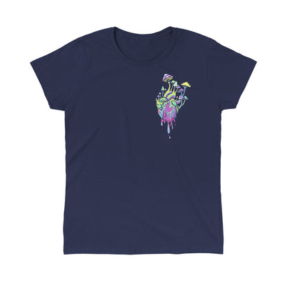 Classic Cotton T-shirt_TeeTurtle Psychedelic at Heart navy blue t-shirt featuring an illustration of a heart colored with pastel shades of pink, green, purple and blue that have a marbling effect, with colorful cartoonish mushrooms and green plants and foliage growing from the dripping heart.