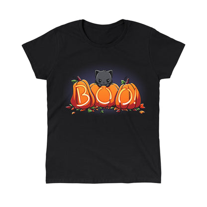 Classic Cotton T-shirt_TeeTurtle Pumpkin Kitty black t-shirt featuring a spooky black cat sitting behind three pumpkins that spell "BOO!" with glowing letters, surrounded by scattered leaves in Halloween fall colors. 