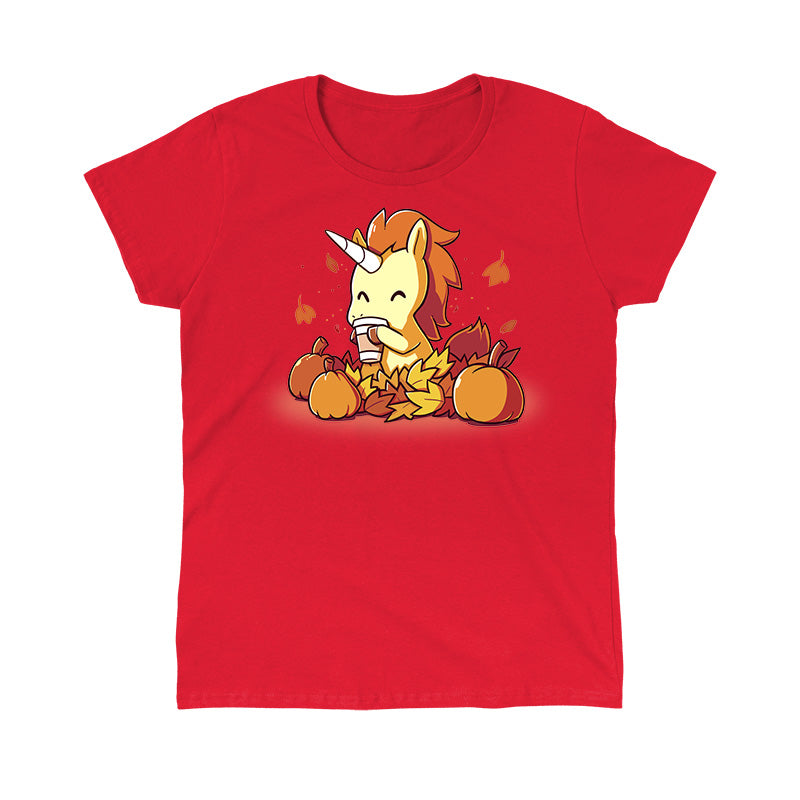 Classic Cotton T-shirt_TeeTurtle red Pumpkin Spice Unicorn. Featuring a unicorn drinking pumpkin spice coffee surrounded by pumpkins and falling leaves.