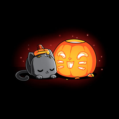 Long Sleeve T-shirt_TeeTurtle Pumpkin Carver black t-shirt featuring a cat sleeping next to a cute Halloween jack-o-lantern