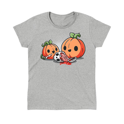 Classic Cotton T-shirt_TeeTurtle Pumpkin Carving silver gray t-shirt featuring cheerful pumpkins carving a human skull.