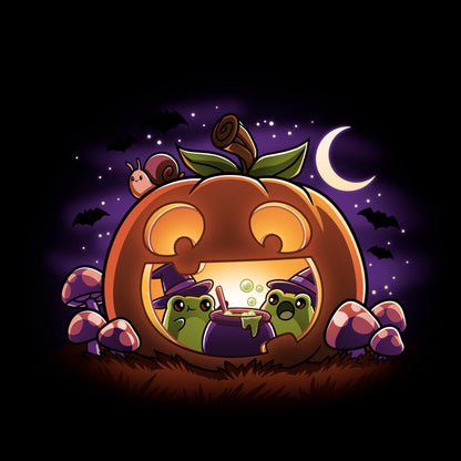 Crew Neck Sweatshirt_TeeTurtle Pumpkin Frog Witches black design featuring two frogs wearing witch hats brewing a cauldron of potion inside of a happy Halloween jack-o-lantern.