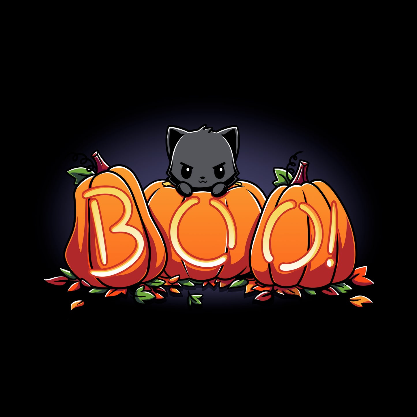 Classic Cotton T-shirt_TeeTurtle Pumpkin Kitty black t-shirt featuring a spooky black cat sitting behind three pumpkins that spell "BOO!" with glowing letters, surrounded by scattered leaves in Halloween fall colors. 