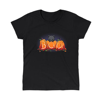 Classic Cotton T-shirt_TeeTurtle Pumpkin Kitty black t-shirt featuring a spooky black cat sitting behind three pumpkins that spell "BOO!" with glowing letters, surrounded by scattered leaves in Halloween fall colors. 