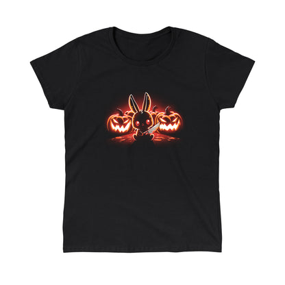 Classic Cotton T-shirt_TeeTurtle Pumpkin Murderer black t-shirt featuring a cute bunny holding a knife sitting in front of carved jack-o'-lanterns, illuminated by a glowing red light.