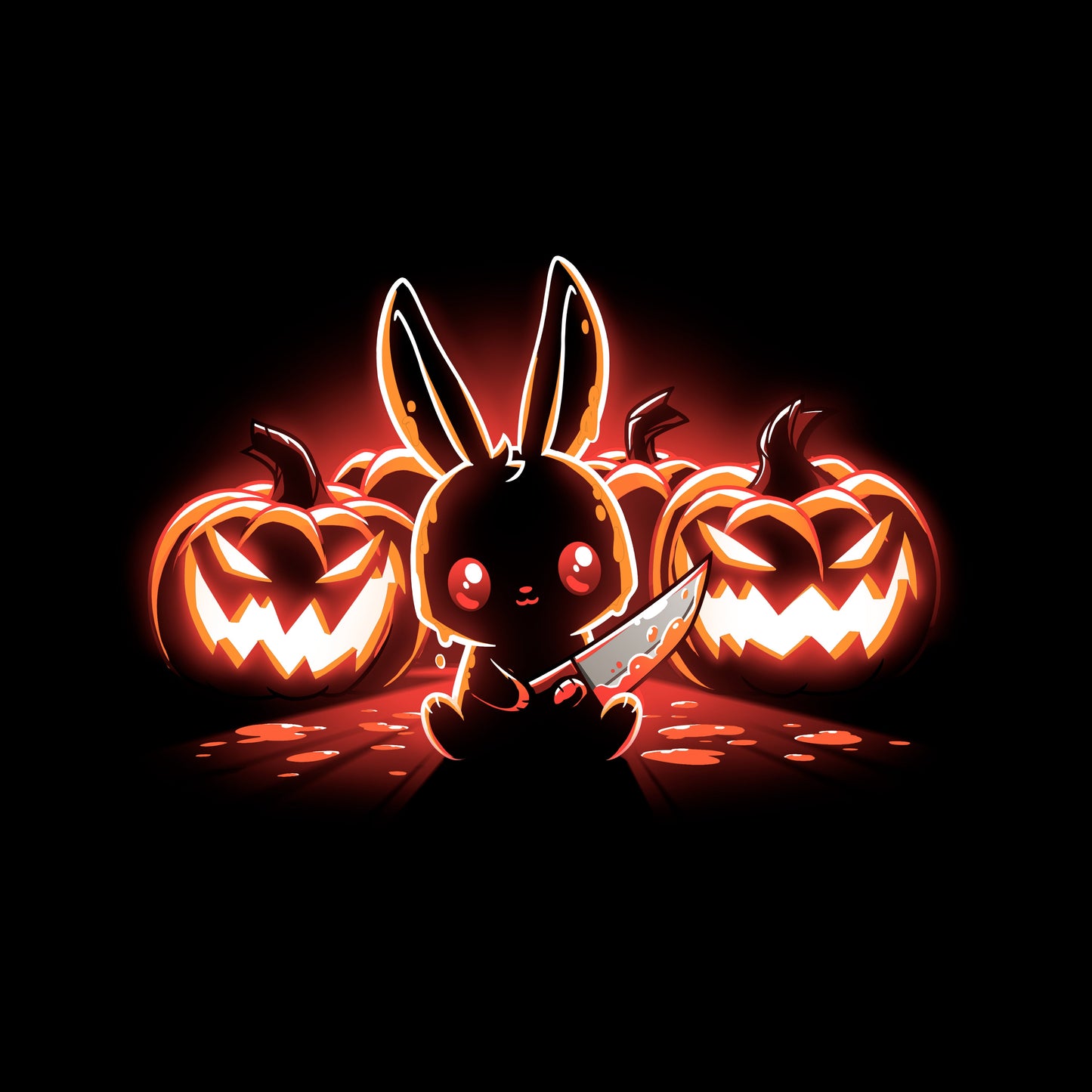 Crew Neck Sweatshirt_TeeTurtle Pumpkin Murderer black design featuring a cute bunny holding a knife sitting in front of carved jack-o'-lanterns, illuminated by a glowing red light.