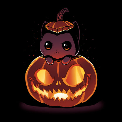 Long Sleeve T-shirt_TeeTurtle black Pumpkitten. Featuring a cat popping out of a spooky jack-o-lantern pumpkin.