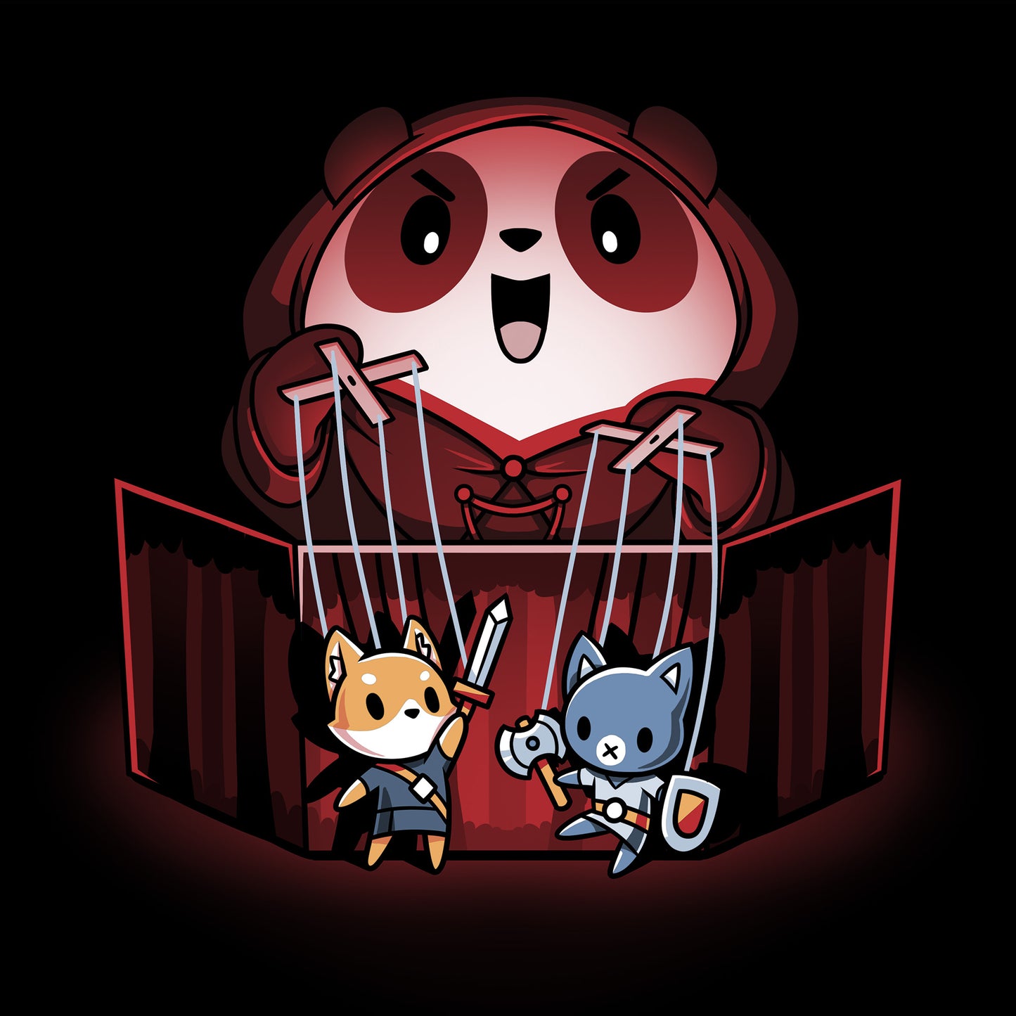 Classic Cotton T-shirt_TeeTurtle Puppet Master black t-shirt featuring an illustration of a cartoon panda smiling evilly and standing behind a puppet  theater holding a fox puppet with a sword in the left hand and a cat with an axe and shield in the right hand. The illustration is being illuminated by a red glow.