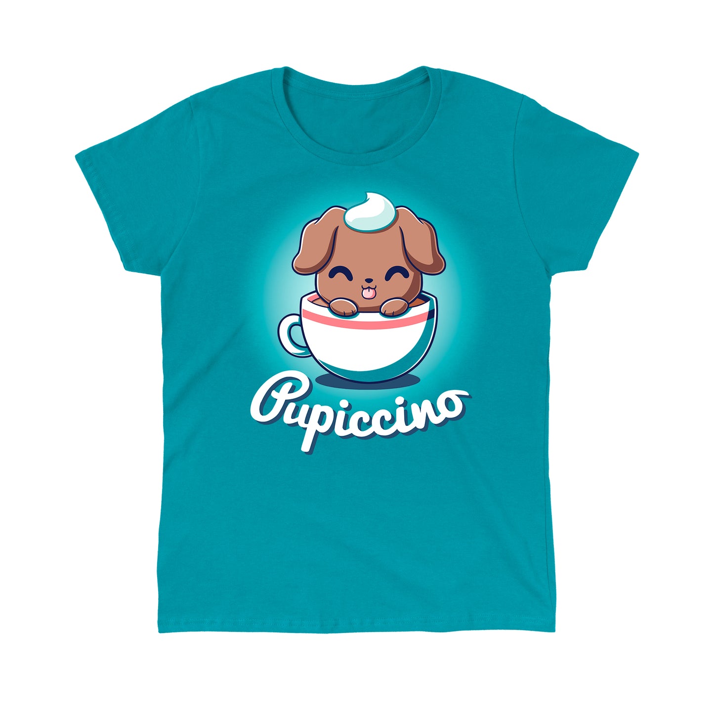 Classic Cotton T-shirt_TeeTurtle Pupiccino Tropical Blue t-shirt featuring a kawaii and sweet brown puppy in a coffee cup with whipped cream on his head and his tongue sticking out.