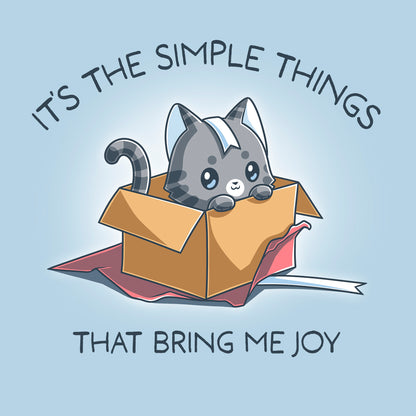 Classic Cotton T-shirt_TeeTurtle light blue Purr Box of Joy apparel featuring a gray cat in an unwrapped box with wrapping paper and ribbons, and the caption, “It’s the Simple Things That Bring Me Joy“.