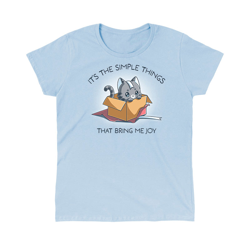 Classic Cotton T-shirt_TeeTurtle light blue Purr Box of Joy apparel featuring a gray cat in an unwrapped box with wrapping paper and ribbons, and the caption, “It’s the Simple Things That Bring Me Joy“.