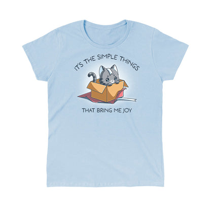 Classic Cotton T-shirt_TeeTurtle light blue Purr Box of Joy apparel featuring a gray cat in an unwrapped box with wrapping paper and ribbons, and the caption, “It’s the Simple Things That Bring Me Joy“.