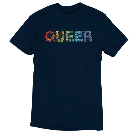 A navy blue Queer and Proud made of super soft ringspun cotton, featuring the word 