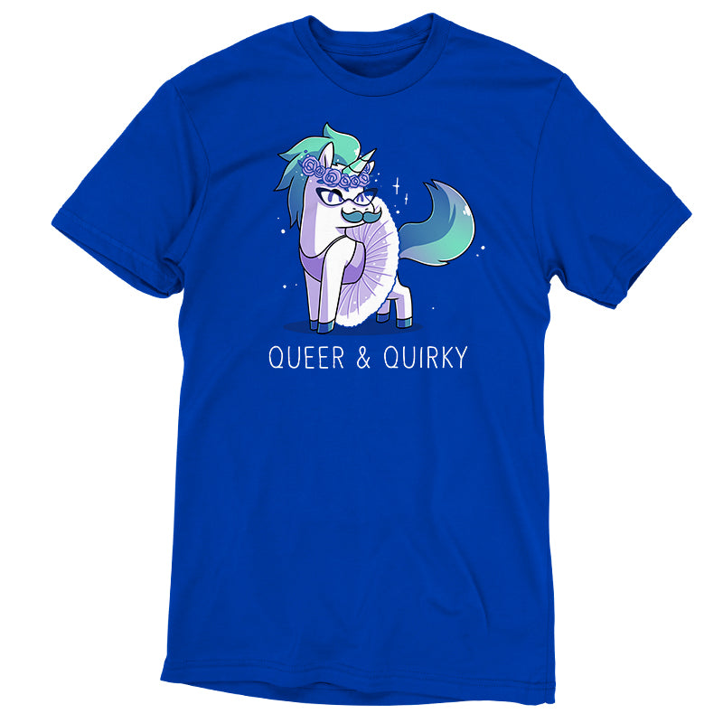 Premium Cotton T-shirt_Teeturtle Queer and Quirky Royal Blue Featuring a sparkling unicorn in a tutu and a crown of roses wearing glasses and sporting a moustache with the image above the words 'Queer and Quirky'.