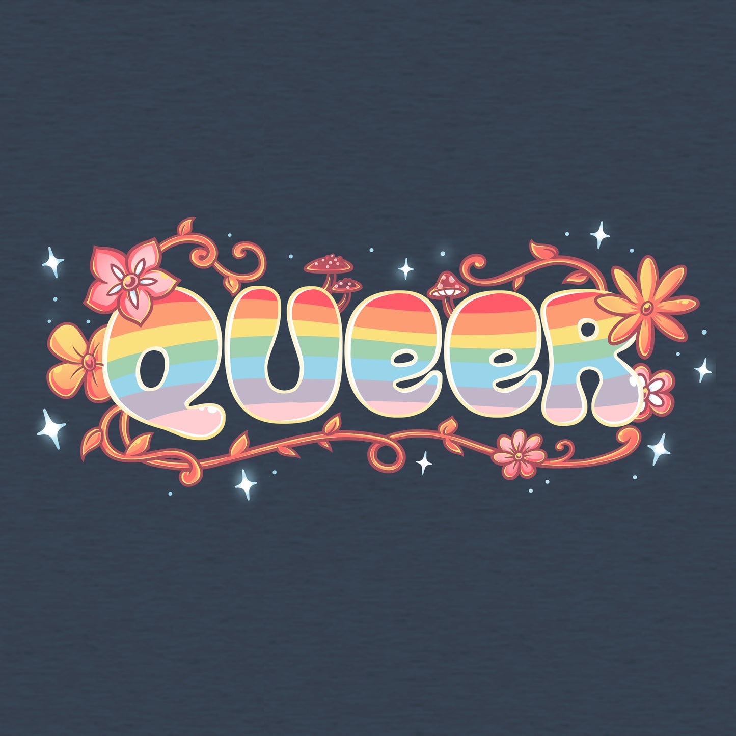 Classic Cotton T-shirt_TeeTurtle heather navy Queer apparel featuring an artistic "queer" word filled with rainbows and surrounded by flowers, vines, and mushrooms.