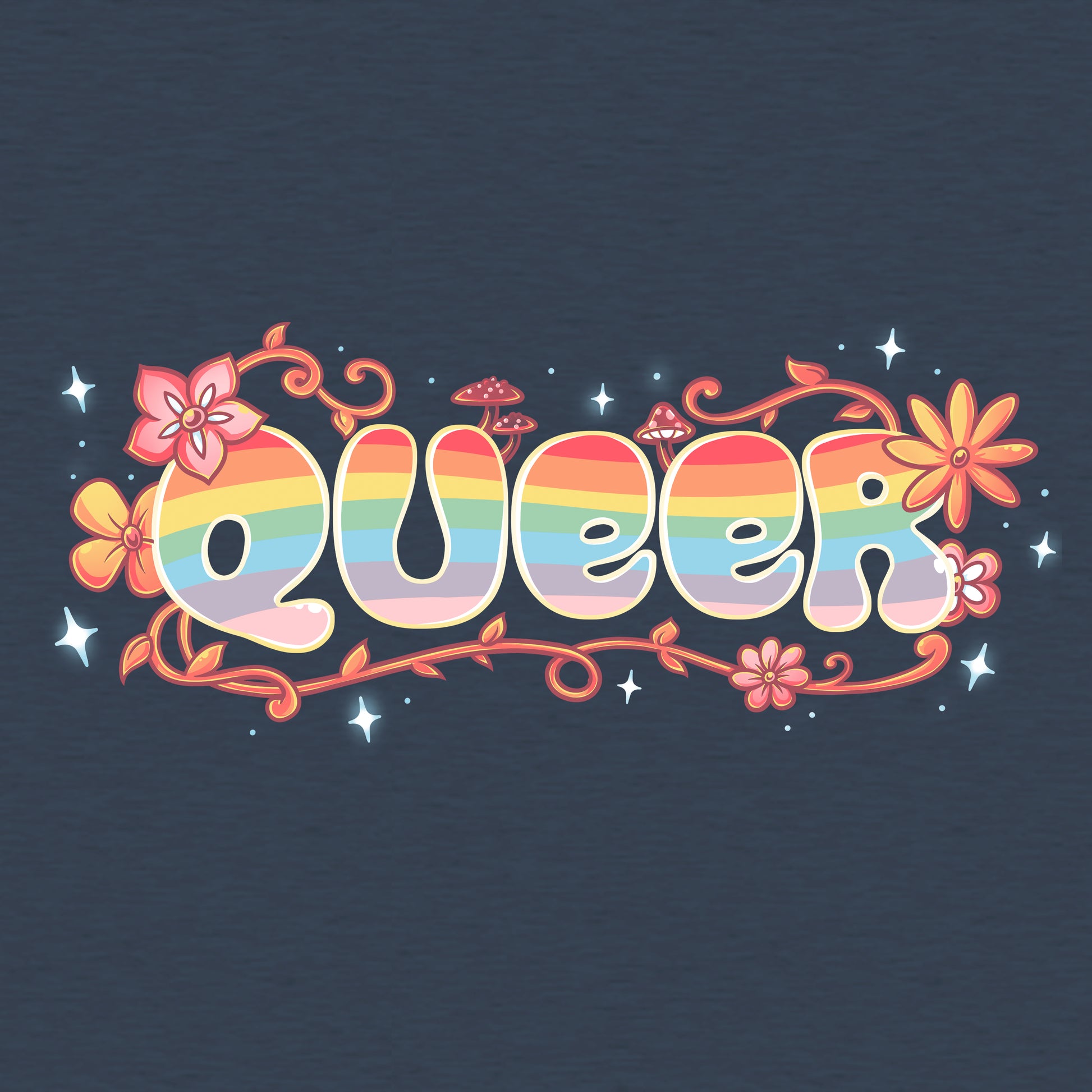 Classic Cotton T-shirt_TeeTurtle heather navy Queer apparel featuring an artistic "queer" word filled with rainbows and surrounded by flowers, vines, and mushrooms.