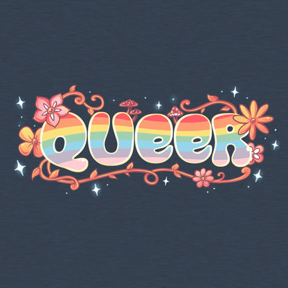 Classic Cotton T-shirt_TeeTurtle heather navy Queer apparel featuring an artistic "queer" word filled with rainbows and surrounded by flowers, vines, and mushrooms.
