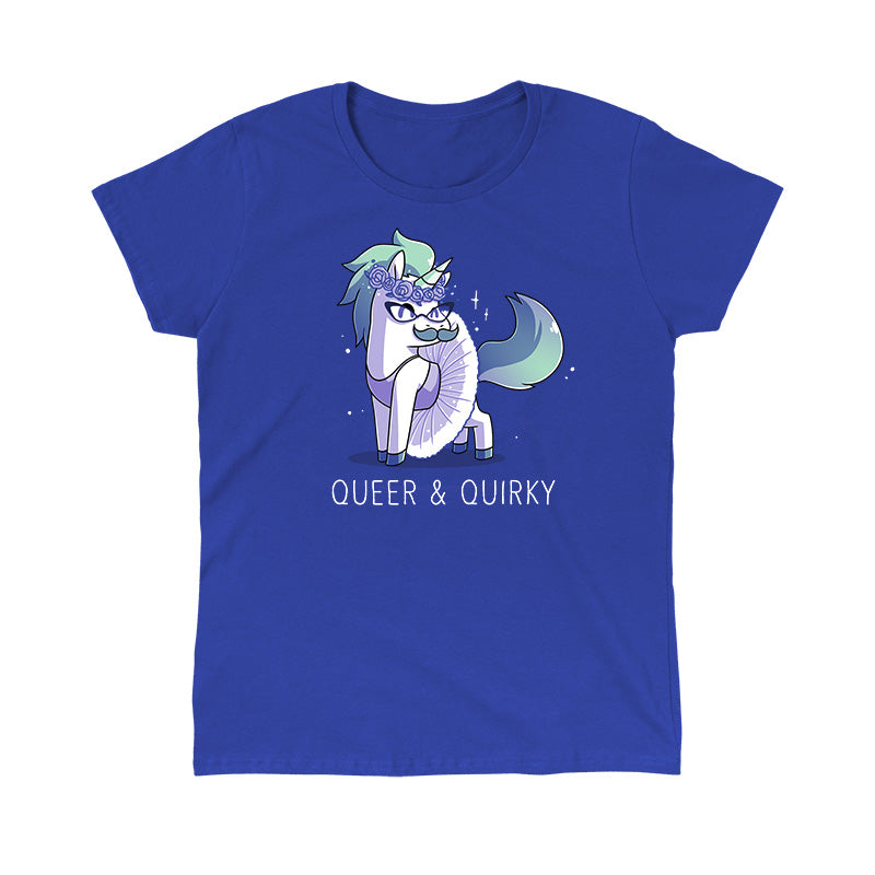 Classic Cotton T-shirt_Teeturtle Queer and Quirky Royal Blue Featuring a sparkling unicorn in a tutu and a crown of roses wearing glasses and sporting a moustache with the image above the words 'Queer and Quirky'.