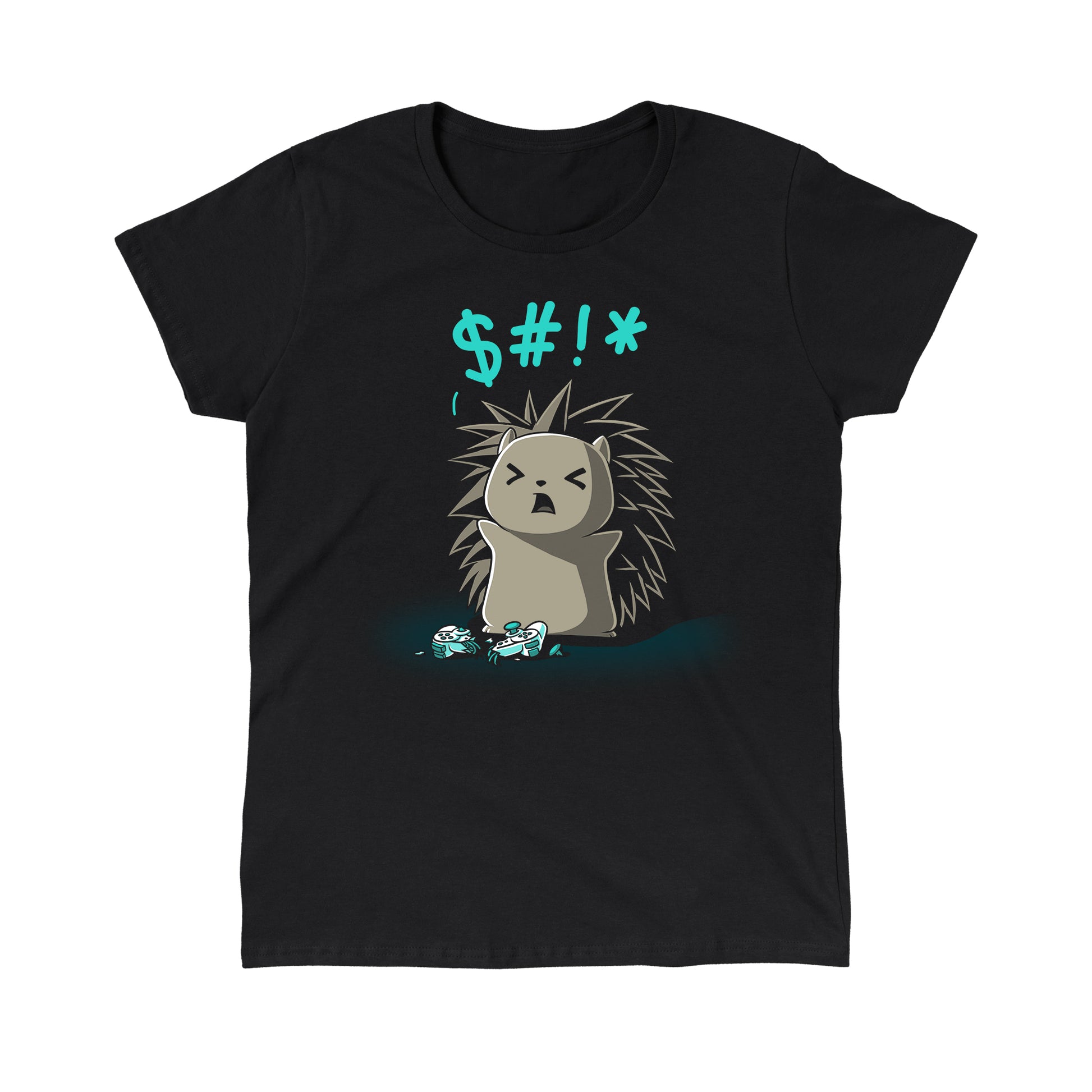 Classic Cotton T-shirt_TeeTurtle black Ragequit. Featuring an angry hedgehog with a broken video game controller.