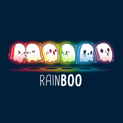 Classic Cotton T-shirt_TeeTurtle Rainboo Navy Blue t-shirt featuring six colorful spooky pride ghosts arranged in a line, each representing a color of the rainbow. The word "RAINBOO" is below them, with the "BOO" in a different font for emphasis.